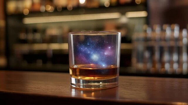 Whiskey Glass on Bar Counter Revealing Galaxy and Stars Inside the Alcohol, Concept of Limitless Taste or Imagination