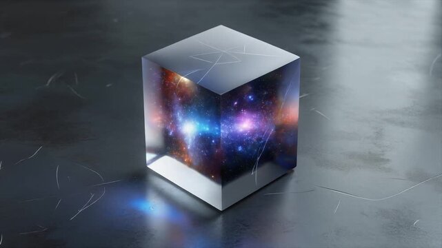 Reflective glass cube containing a vibrant nebula and starry galaxy rotating on a futuristic, scratched metal surface.