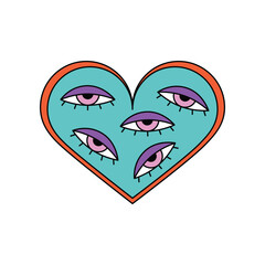 Groovy heart with many open eyes, surreal hallucination of hippie party vector illustration