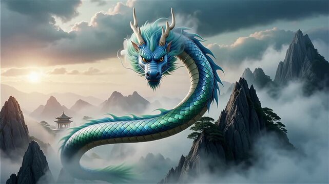 Majestic seiryu azure dragon over misty mountains and ancient temple.
With motion blur and bokeh background.