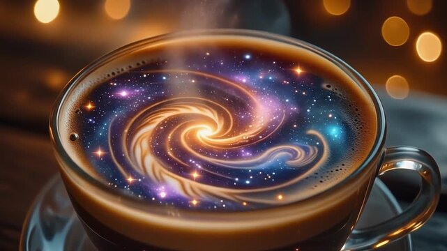 Cosmic coffee swirling in a glass mug, featuring galaxy latte art concept with glowing stars and warm bokeh background.