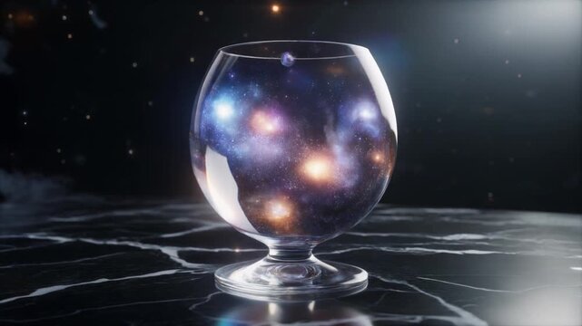 Concept animation of a bright galaxy contained within a snifter glass on a dark marble surface.