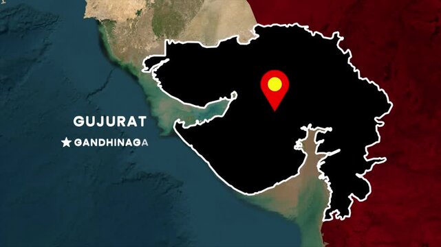 Gujarat state map highlight animation on India map, Gujarat outlined with location pin and Gandhinagar capital marker for geography visuals, news graphics, educational content