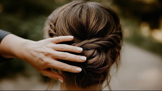 Close-up of a woman's hair being styled, showing an elegant updo and manicured hand.