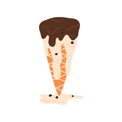 Melting layers of chocolate and vanilla ice cream flow over wafer cone vector illustration