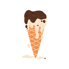 Layers of chocolate and vanilla ice cream melt and flow over wafer cone vector illustration