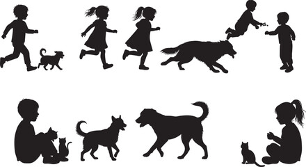 Children and animals silhouette, playful interaction, pet bonding moments, black vector illustration, kids with dogs and cats, outdoor companionship, minimalist design