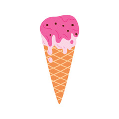 Melted strawberry ice cream with chocolate chips, pink layers of gelato dripping vector illustration
