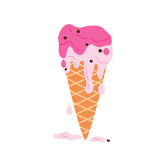 Layers of strawberry ice cream melt and flow down waffle cone vector illustration