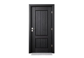 Dark wooden door with panel design and welcome mat, isolated on a transparent background