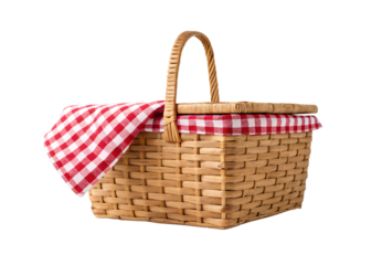Woven picnic basket with red gingham cloth draped over handle, isolated on a transparent background