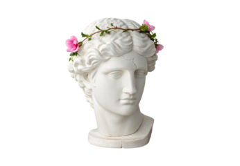 White classical bust sculpture wearing pink flower crown wreath, isolated on a transparent background