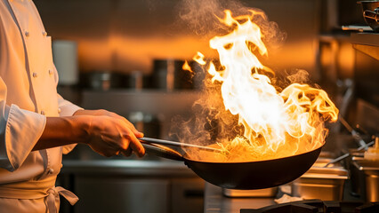 Cooking with fire professional chef preparing food in a pan flames rising high kitchen scene culinary art