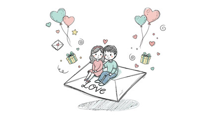 Love in Bloom: A tender sketch depicts a loving couple embraced atop an envelope, surrounded by heartwarming symbols of affection, perfect for representing love.