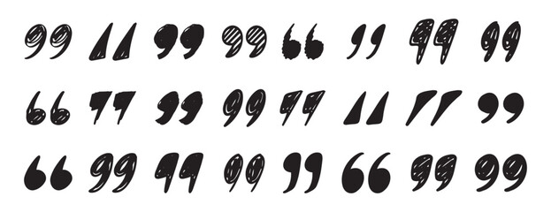 quotation mark doodle testured hand drawn icon set. quotation mark drawing line clipart symbol collection