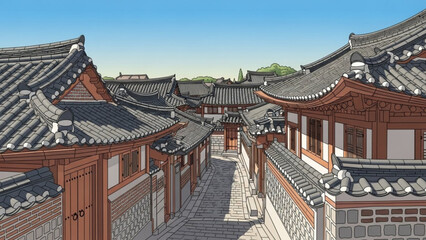 Naklejka premium Traditional Korean Hanok village street detailed illustration of historic architecture perfect for travel and cultural concepts