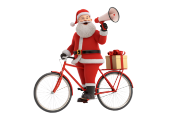 Santa on red bicycle holding megaphone with gift on rear rack, isolated on a transparent background