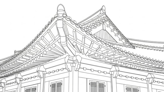 Traditional Korean temple roof detail architectural line drawing cultural heritage element for design isolated on white