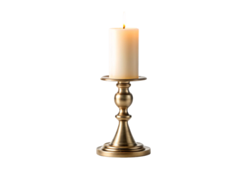 Lit cream candle on antique brass pedestal candleholder stand, isolated on a transparent background