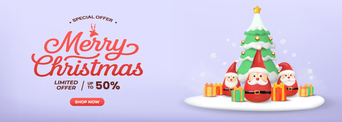 Merry Christmas Special Offer With Santa Figurines And Christmas Tree Display