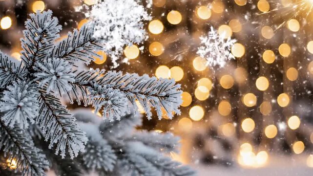 Winter season fir branch with bokeh lights seasonal holiday background