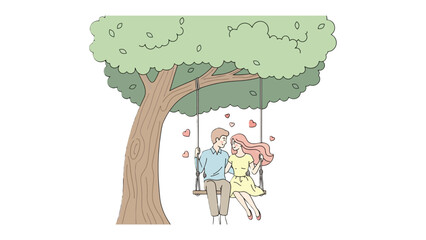 Love's Swing: A tender moment of couple enjoy swing together under a old tree with falling petal. A simple illustration to show relationship 