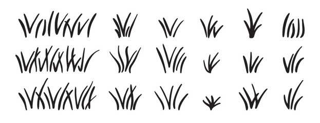 Doodle bunch of grass. Hand drawn lawn bush of grass icon hand drawn set. Outline grass line drawing clipart symbol collection