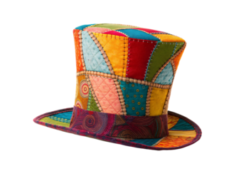 Multicolored quilted top hat with patchwork design in vibrant hues, isolated on a transparent background