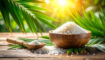 Natural Sea Salt Crystals in Wooden Bowl with Spoon on Rustic Surface Surrounded by Lush Green Tropical Leaves and Sunlight
