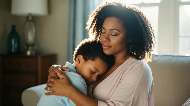 A mother hugs her son in a warm room filled with sunlight. They share a moment of comfort together