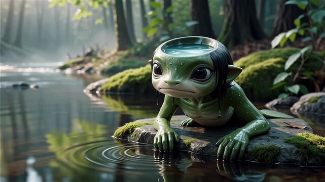 Japanese mythology Kappa river monster sitting on a rock in the forest.
With motion blur and bokeh background.