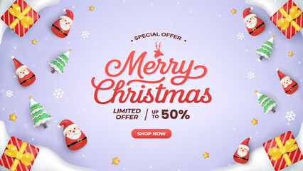 Merry Christmas Special Offer Banner With Santa, Gifts, Trees, Snowflakes, And Festive Purple Background