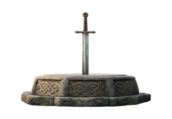 Medieval sword in stone platform with Celtic knot carvings, isolated on a transparent background
