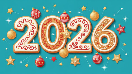 Gingerbread numbers 2026 decorated with icing festive holiday design for New Year celebration isolated on teal background