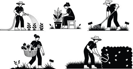 Six Paneled Gardening and Farming Activities: People Watering, Planting, Raking, Harvesting, and Composting Illustrating Horticulture, Sustainable Food Production, and Outdoor Work Concepts
