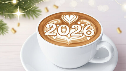 New Year 2026 coffee art with latte foam heart and festive bokeh a celebratory drink for the upcoming year