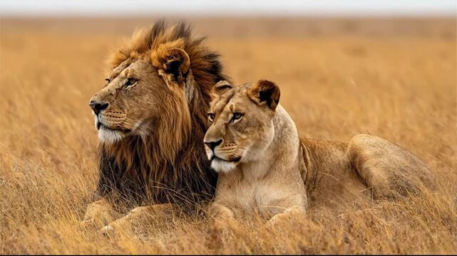 Majestic lion and lioness resting in the tall grass of the African savanna.