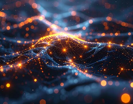 Dynamic digital network with glowing data nodes and interconnected lines, symbolizing artificial intelligence, big data flow, and advanced technological innovation in an abstract futuristic landscape - Powered by Adobe
