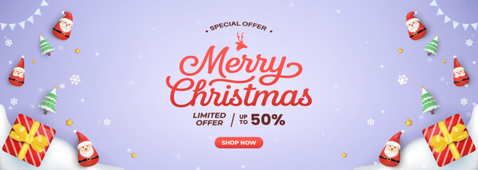 Merry Christmas Special Offer Banner With Gifts Santa And Snowflakes For Holiday Sales