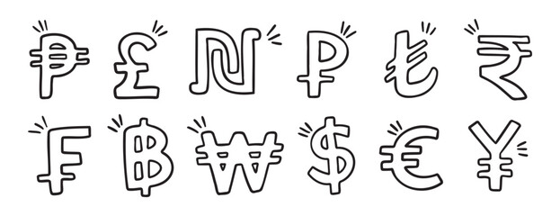 currency hand drawn doodle symbol set. Outline drawing different currency stroke line clipart symbol collection