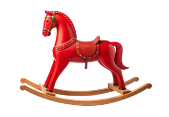 Red rocking horse with brown saddle wooden base, isolated on a transparent background