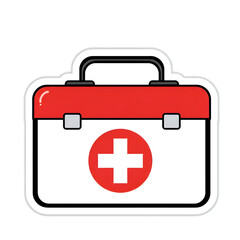 Obraz premium Simple cartoon illustration of a red and white first aid kit box with a cross symbol. Essential vector icon for health care, emergency services, safety, and medical design projects.