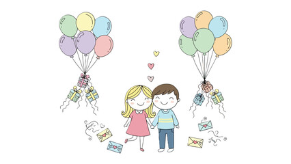 Endearing Illustration of Love and Celebration: A tender illustration depicts a couple holding hands, surrounded by floating balloons, gifts, and hearts, symbolizing love, joy.