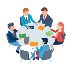 Meeting with five professionals discussing strategies at round table, flat vector corporate teamwork concept illustration