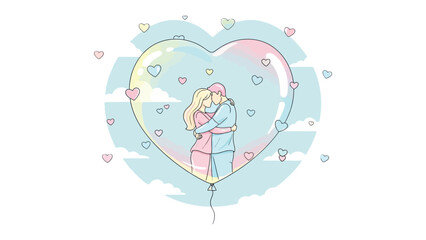 Embracing Eternity: A tender embrace in a heart-shaped embrace, surrounded by delicate hearts and a soft pastel sky, evokes feelings of love and affection. 
