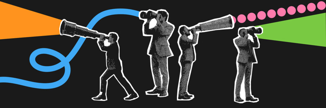 Business professionals using telescopes to search for opportunities in career growth recruitment and future vision - Powered by Adobe