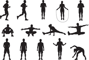 Fitness exercise silhouette set, workout poses, physical training, active lifestyle, gym movement, body strength, health activity, black figures, sports 