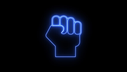 Glowing blue neon fist symbol against a dark background representing power protest strength and unity with a modern abstract design and conceptual imagery