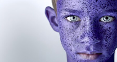 Obraz premium Mysterious Boy with Purple Skin and Freckles Staring Intently at the Viewer