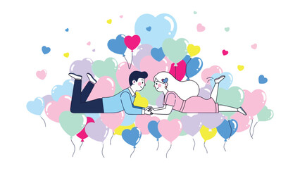Love's Aerial Embrace: A couple, intertwined in a moment of pure romance, floats amidst a whimsical sky of pastel-colored balloons, symbolizing a journey filled with love and shared dreams.